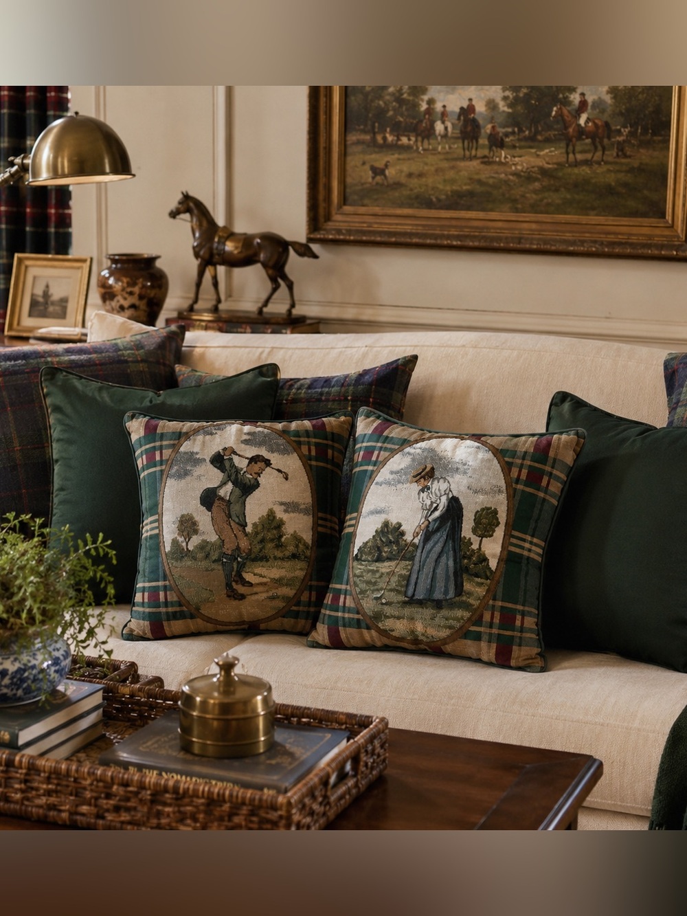 Vintage Classic Golf Scene Tartan Throw Pillows